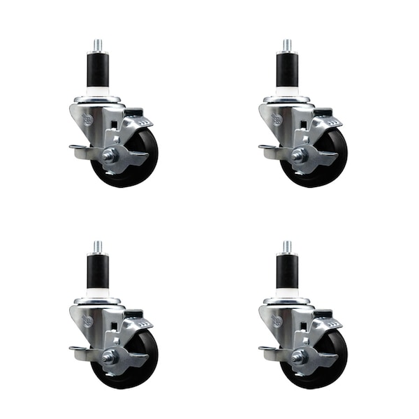 3'' SS Hard Rubber Swivel 1-3/8'' Expanding Stem Caster Set with Brake, 4PK